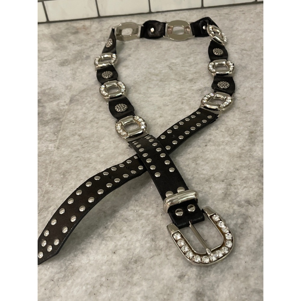 Vintage Studded Belt Womens L Black Rhinestone Western Y2K Silver Hardware